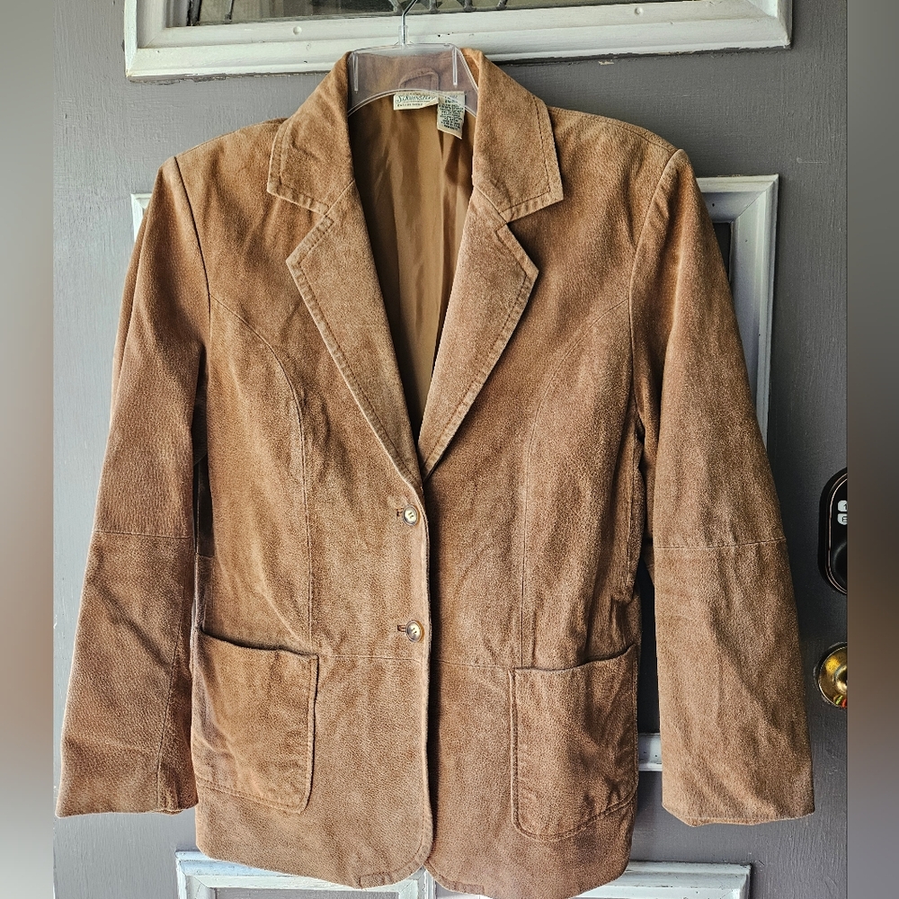 ST. JOHN'S BAY leather tan Suede SUIT JACKET unisex BLAZER ( uc)